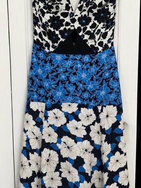 Reiss Strapless Black, White & Blue Floral Midi Dress